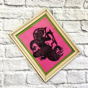 Vintage Framed Thai Khon Fabric Art Colorful Monkey Demon Silhouette